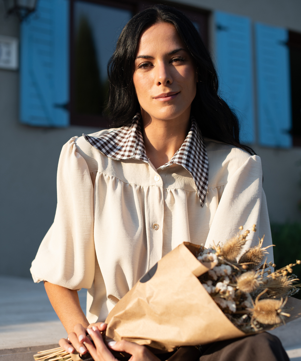 BLUSA TOSCANA BEIGE CUELLO VICHY
