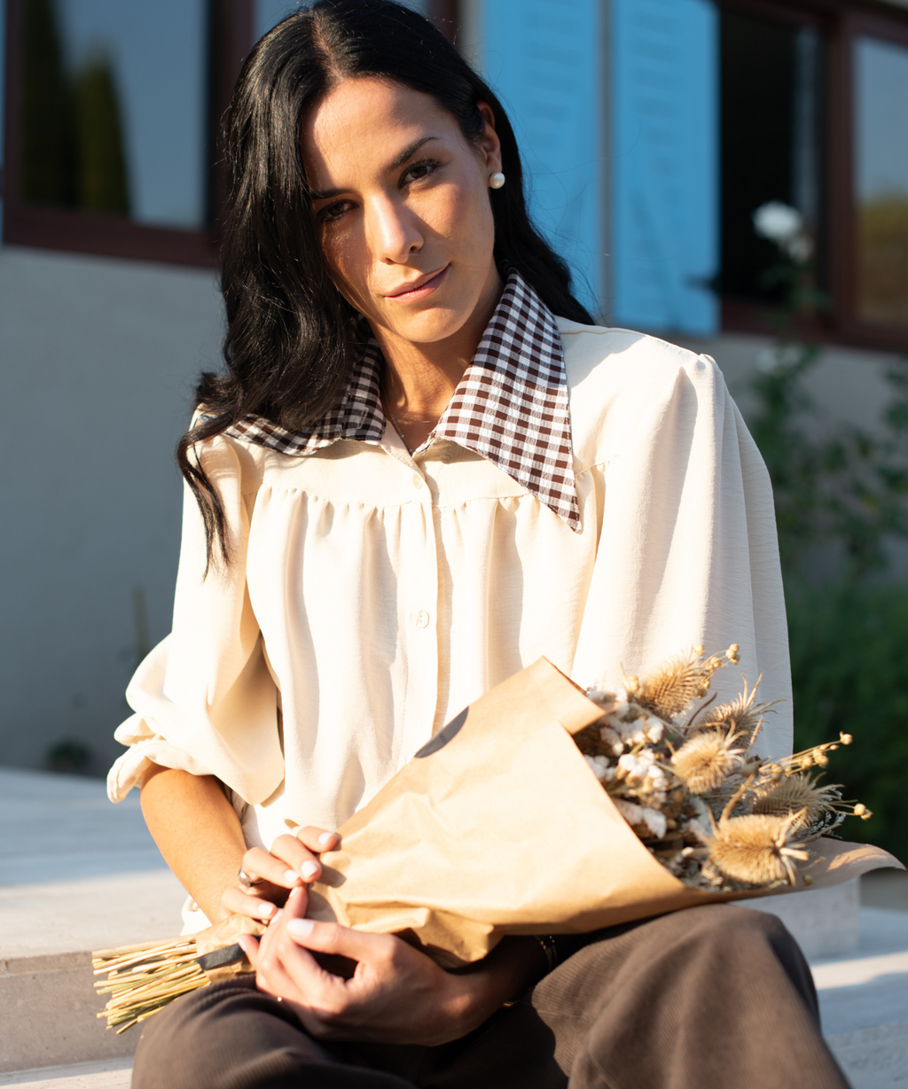 BLUSA TOSCANA BEIGE CUELLO VICHY
