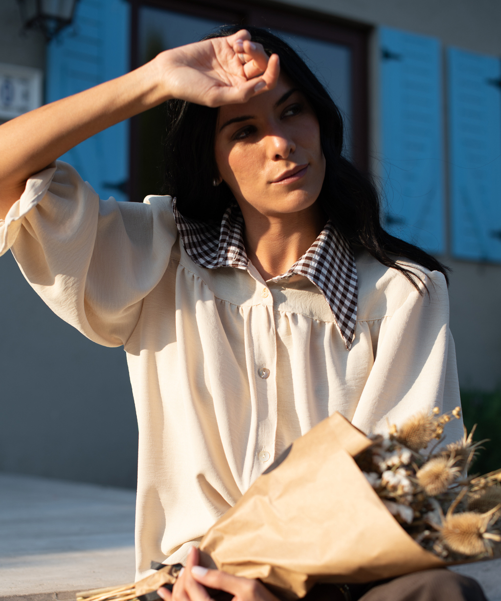 BLUSA TOSCANA BEIGE CUELLO VICHY