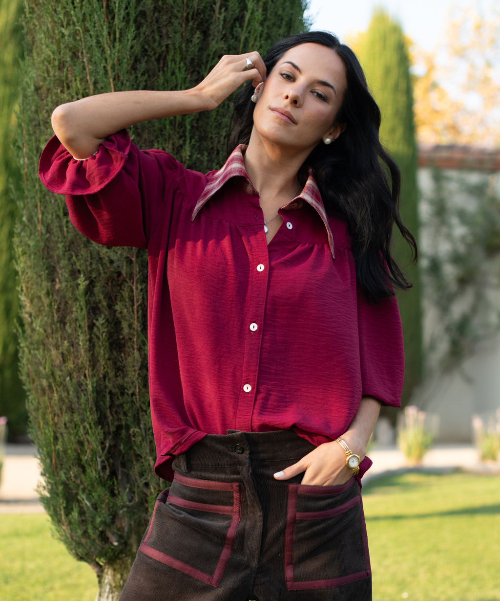 BLUSA TOSCANA BURGUNDY CUADRILLE