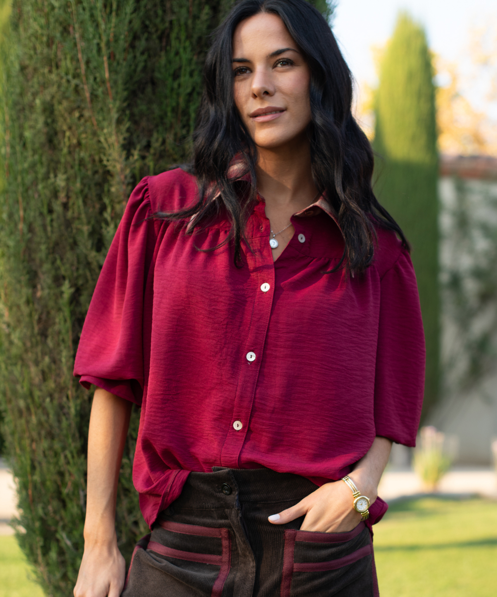 BLUSA TOSCANA BURGUNDY CUADRILLE
